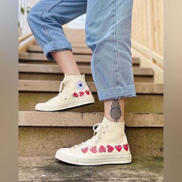COMME DES GARCONS PLAY X CONVERSE Chuck 70 Hi Multi-Heart White Sneakers - Picture 1 of 12